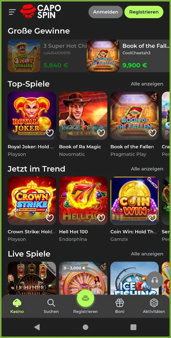 Optimierte mobile Version der Capospin-Website