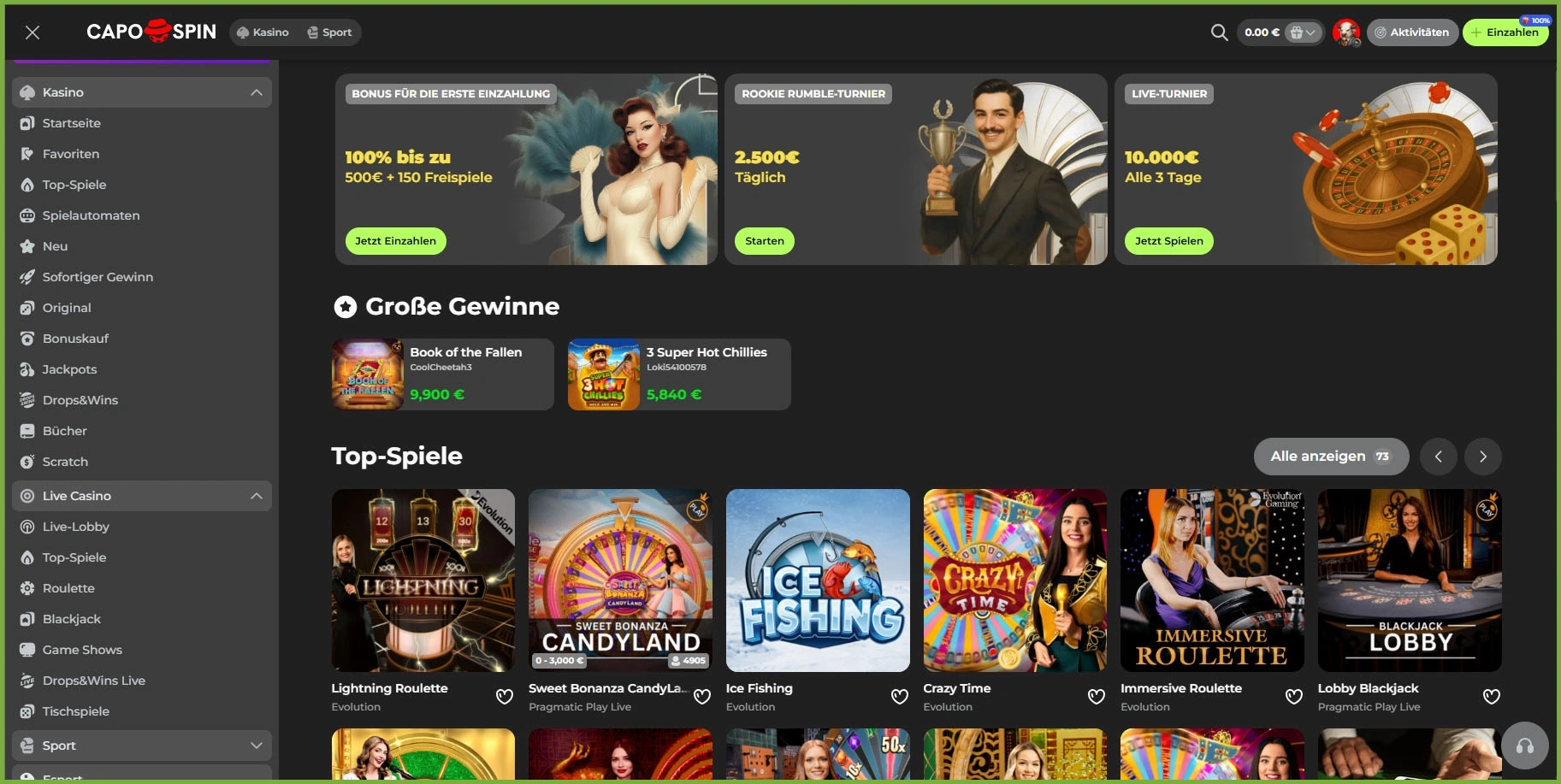 Capospin Live-Spiele Übersicht