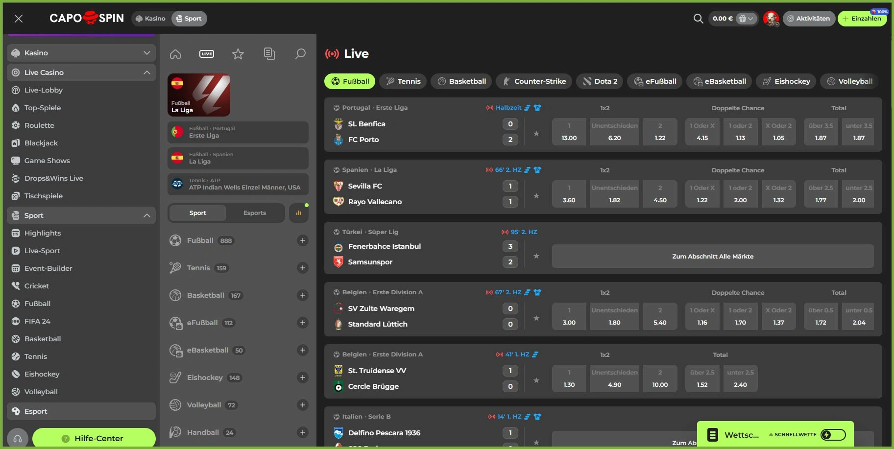 Einfache Pre-Match-Sportwetten bei Capospin platzieren